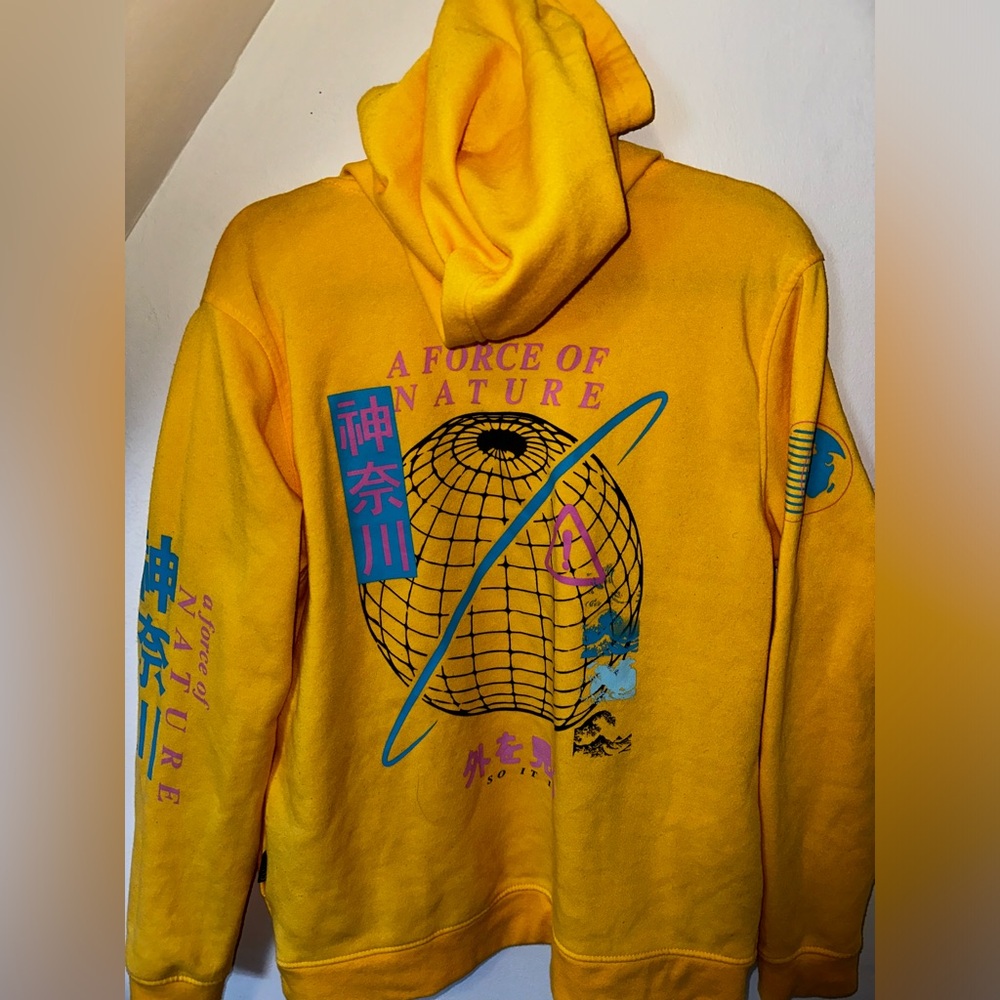 Yellow Large Long Sleeve Hoodie with Graphic Asian Art Designs.